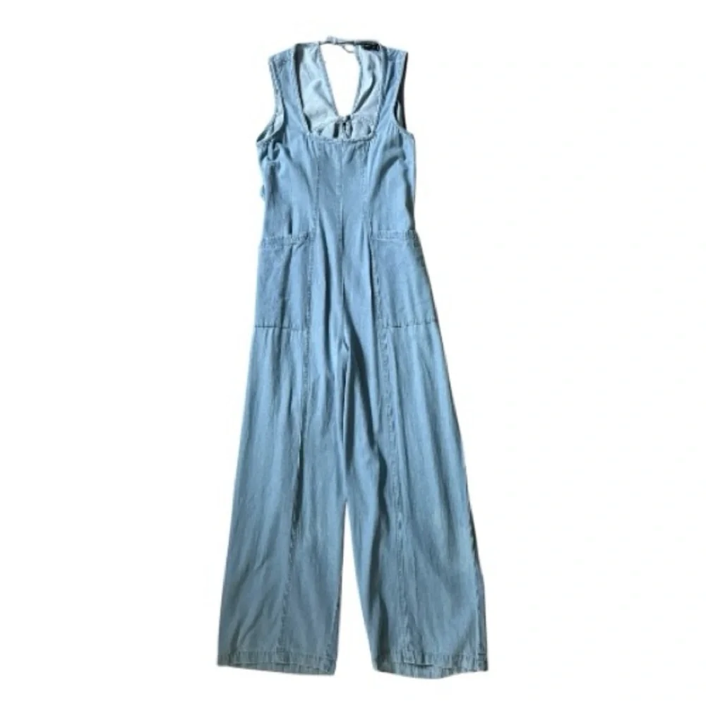 Nasty Gal Blue Jean Denim Sleeveless Jumpsuit Ruffle Back Size 12 Pockets - Picture 4 of 10